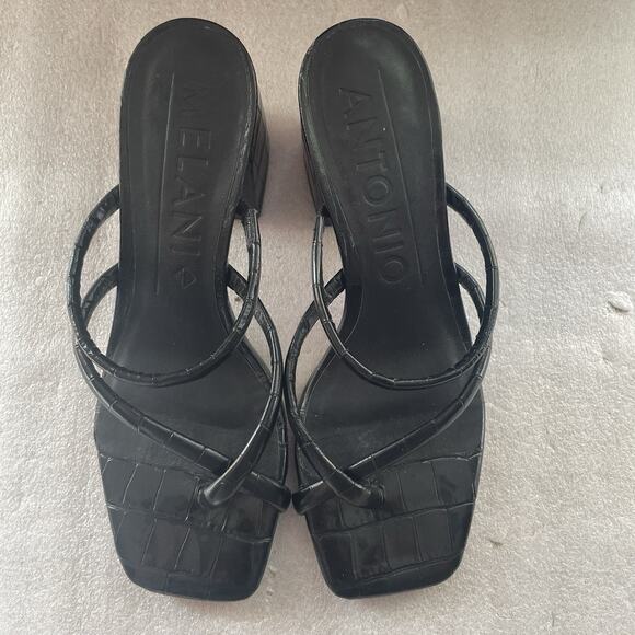 Y2K Antonio Melani Sandals Women 7.5M Black Leather Rexxza Crocodile Embossed - Picture 2 of 8